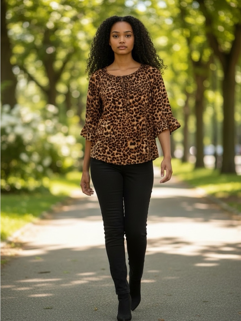 Honeyme Black and Brown Ruffled 3/4 Sleeve Blouse